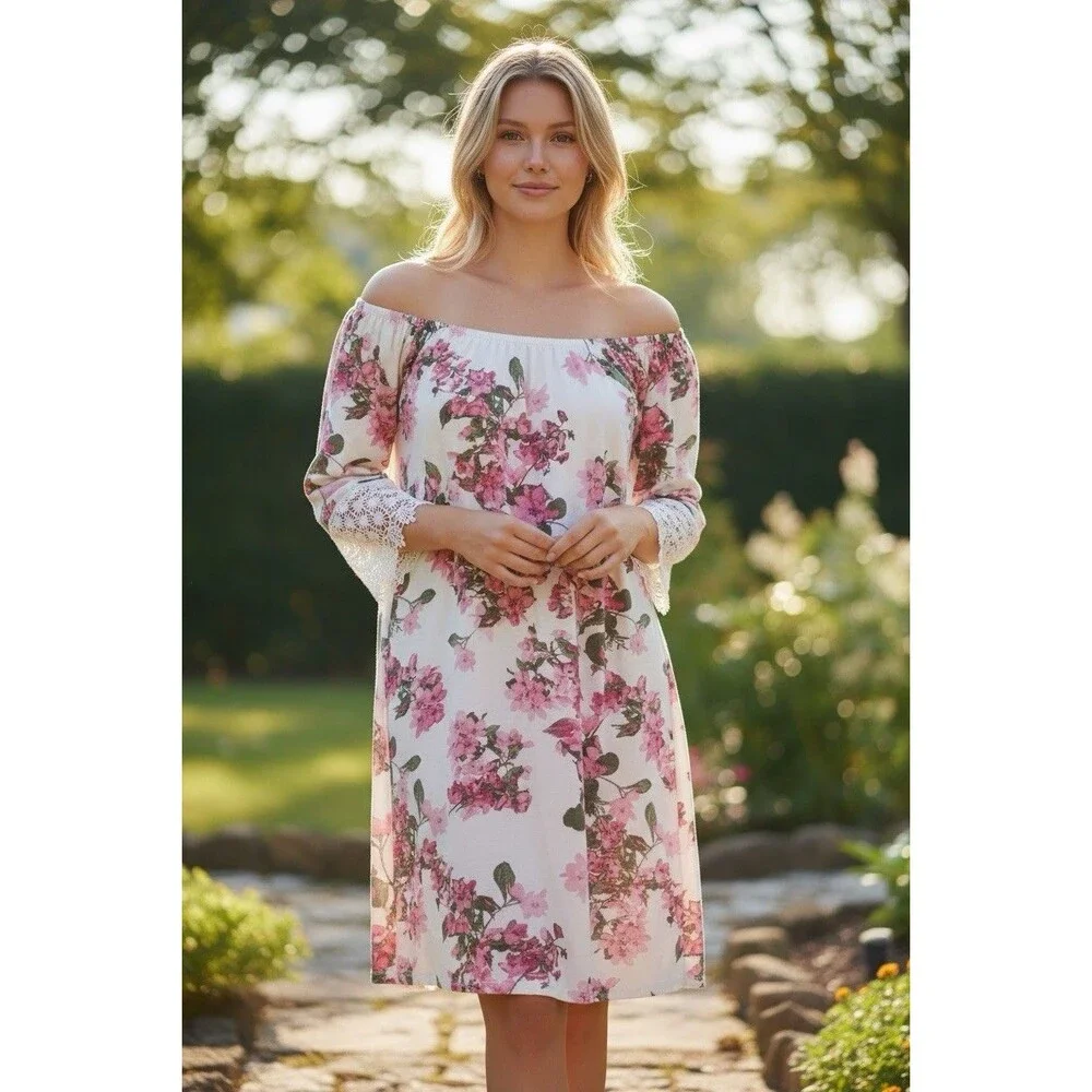 West Loop Floral Bell Lace Sleeve Tunic Top Stretch Shoulders Size Large - Picture 10 of 10